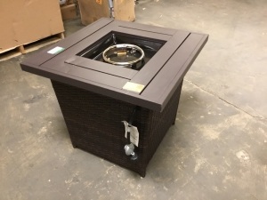 28in Fire Pit Table 50,000 BTU Wicker Propane w/ Faux Wood Tabletop, Cover - E-Comm Return, Appears New with Minor Cosmetic Damage  