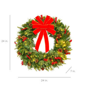 Pre-Lit Battery Powered Christmas Wreath w/ Lights, PVC Tips, Ribbon