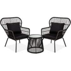 3-Piece Patio Wicker Conversation Bistro Set w/ 2 Chairs, Glass Top Table