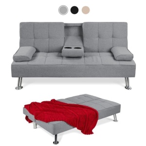 Linen Upholstered Convertible Sofa Bed Futon w/ 2 Cupholders, Grey - Appears New 