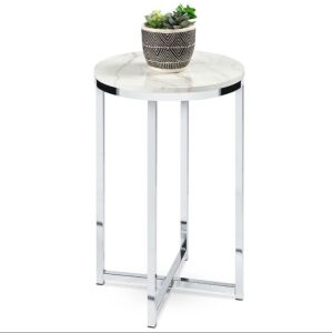 Round Coffee Side Table w/ Faux Marble Top, Metal Frame - 16in