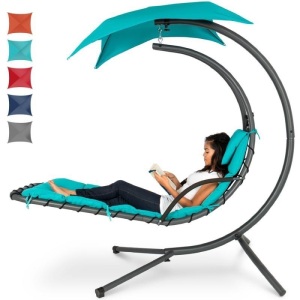 Hanging Curved Chaise Lounge Chair w/ Built-In Pillow, Removable Canopy, Teal - Appears New
