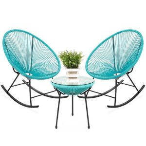 3-Piece Patio Woven Rope Acapulco Rocking Chair Bistro Set