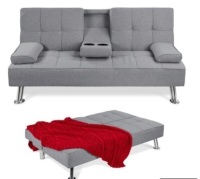 Linen Upholstered Convertible Sofa Bed Futon w/ 2 Cupholders, Gray
