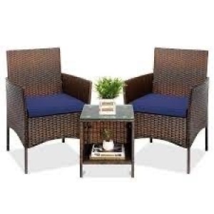 3-Piece Outdoor Patio Wicker Bistro Set w/ Side Storage Table