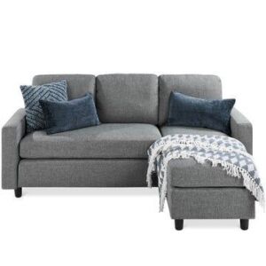 Linen Sectional Sofa Couch w/ Chaise Lounge, Reversible Ottoman Bench