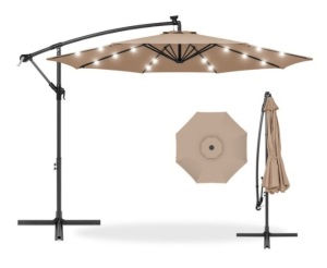 Solar LED Offset Hanging Patio Umbrella w/ Crank Tilt Adjustment - 10ft, Tan