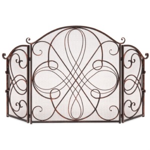 3-Panel Wrought Iron Metal Fireplace Screen Cover w/ Scroll Design - 55x33in 