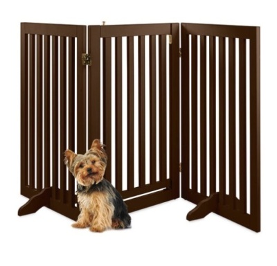 31.5in 3-Panel Freestanding Wooden Pet Gate w/ Door, Support Feet, Espresso