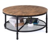 2-Tier Round Industrial Wood & Steel Coffee Table, Storage Shelves - 35.5in, Brown