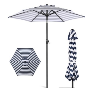 Outdoor Market Patio Umbrella w/ Push Button Tilt, Crank Lift - 7.5ft, Navy Stripe