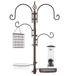 4-Hook Bird Feeding Station, Steel Feeder Stand w/ 2 Bird Feeders - 91in, Bronze