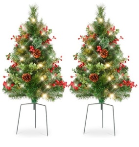 Set of 2 Pre-Lit Pathway Christmas Trees w/ Pine Cones, Timer - 24.5in