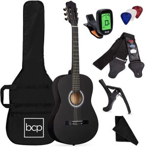 38in Beginner All Wood Acoustic Guitar Starter Kit w/Gig Bag, Digital Tuner, 6 Celluloid Picks, Nylon Strings, Capo, Cloth, Strap w/Pick Holder - Matte Black 