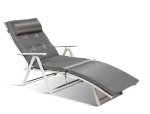 Adjustable Height Chaise Fabric Outdoor Lounge Chair with Gray Cushions