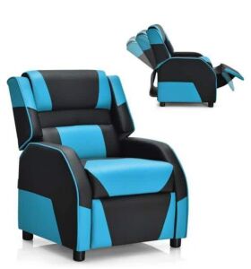 Blue Faux Leather Upholstery Kids Recliner Gaming Sofa w/Headrest and Footrest