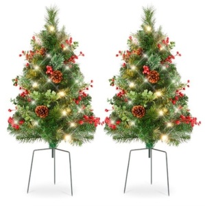 Set of 2 Pre-Lit Pathway Christmas Trees w/ Pine Cones, Timer - 24.5in