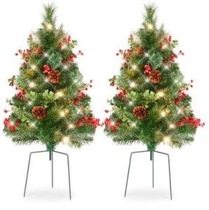 Set of 2 Pre-Lit Pathway Christmas Trees w/ Pine Cones, Timer - 24.5in