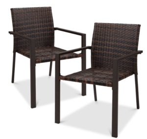 Set of 2 Stackable Wicker Chairs w/ Armrests, Steel Conversation Accent Furniture for Patio - Brown