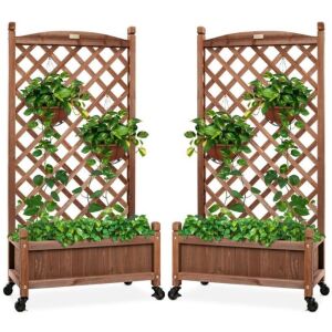 Set of 2 Wood Planter Box & Lattice Trellis w/ Optional Wheels - 48in