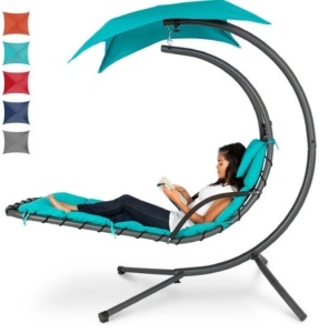 Hanging Curved Chaise Lounge Chair w/ Built-In Pillow, Removable Canopy, Blue