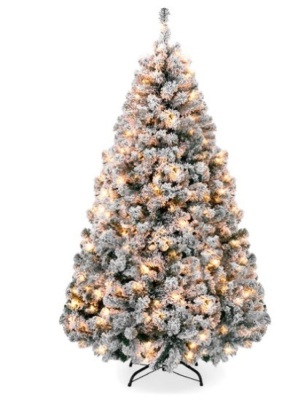 Pre-Lit Snow Flocked Artificial Pine Christmas Tree w/ Warm White Lights, 9 Ft.