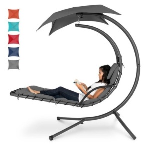 Hanging Curved Chaise Lounge Chair w/ Built-In Pillow, Removable Canopy, Charcoal Gray