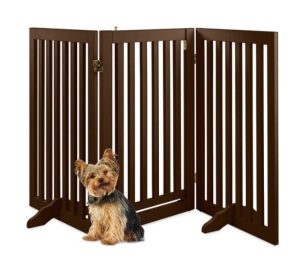 31.5in 3-Panel Freestanding Wooden Pet Gate w/ Door, Support Feet, Espresso