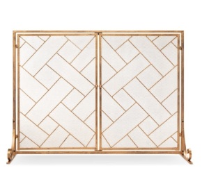 2-Panel Wrought Iron Geometric Fireplace Screen w/ Magnetic Doors - 44x33in,APPEARS NEW