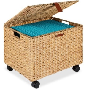 Mobile Water Hyacinth Rolling Filing Cabinet Storage Basket w/ Lid, Wheels 