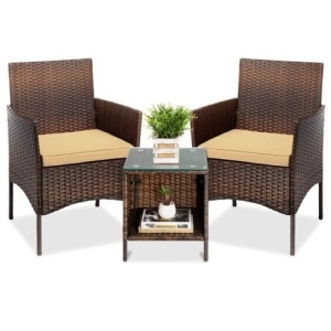 3-Piece Outdoor Patio Wicker Bistro Set w/ Side Storage Table 