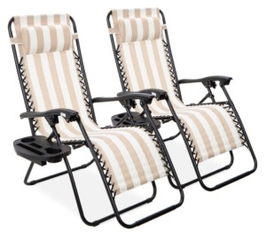 Set of 2 Adjustable Zero Gravity Patio Chair Recliners w/ Cup Holders, Tan Striped