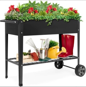 Elevated Metal Garden Bed for Backyard w/ Wheels, Shelf 