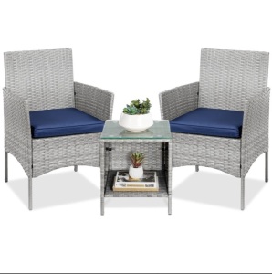 3-Piece Outdoor Patio Wicker Bistro Set w/ Side Storage Table 