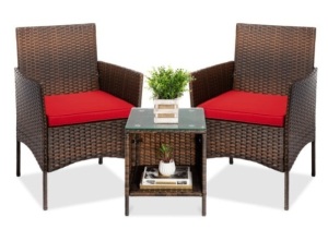 3-Piece Outdoor Patio Wicker Bistro Set w/ Side Storage Table, Brown/Red