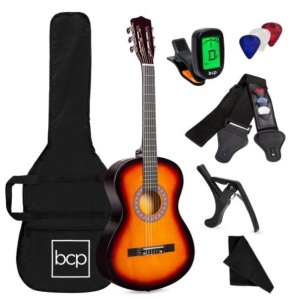 Beginner Acoustic Guitar Set w/ Case, Strap, Digital Tuner, Strings - 38in, Sunburst