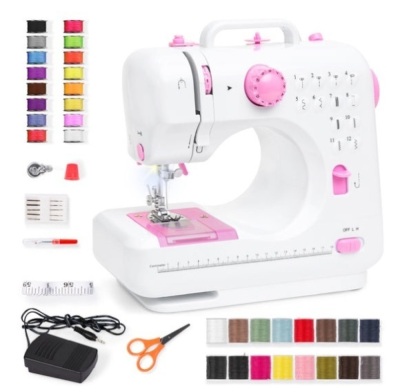 6V Portable Foot Pedal Sewing Machine w/ 12 Stitch Patterns, Pink/White