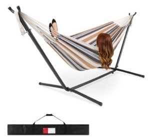 2-Person Brazilian-Style Double Hammock w/ Carrying Bag and Steel Stand, Desert Stripes