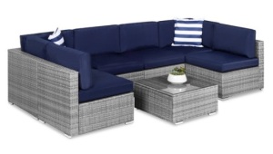 7-Piece Modular Wicker Sectional Conversation Set w/ 2 Pillows, Cover, Gray/Navy, Boxes A, B & C