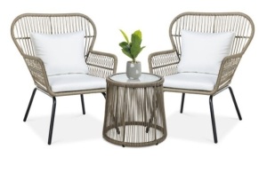 3-Piece Patio Wicker Conversation Bistro Set w/ 2 Chairs, Glass Top Table, Tan