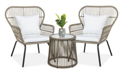 3-Piece Patio Wicker Conversation Bistro Set w/ 2 Chairs, Glass Top Table, Tan