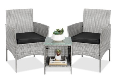 3-Piece Outdoor Patio Wicker Bistro Set w/ Side Storage Table, Gray/Black