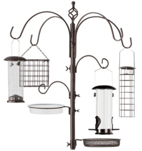 Bird Feeding Station, 6-Hook Steel Multi-Feeder Stand w/ 4 Feeders - 89in, Bronze