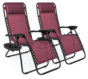 Set of 2 Adjustable Zero Gravity Patio Chair Recliners w/ Cup Holders, Burgundy