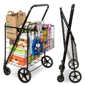 Folding Steel Grocery Cart w/ Double Basket, Swivel Wheels, 220lb Cap