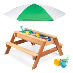 3-in-1 Kids Sand & Water Table Outdoor Wood Picnic Table w/ Umbrella, Green