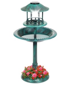 Solar Lighted Outdoor Pedestal Bird Bath w/ Planter, Decorative Bird Cage, Green