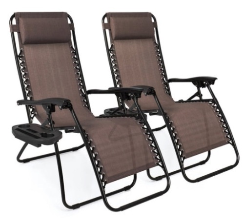 Set of 2 Adjustable Zero Gravity Patio Chair Recliners w/ Cup Holders, Brown