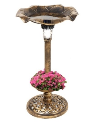 Solar Lighted Bird Bath w/ Planter, Bronze