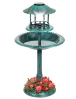 Solar Lighted Outdoor Pedestal Bird Bath w/ Planter, Decorative Bird Cage, Green